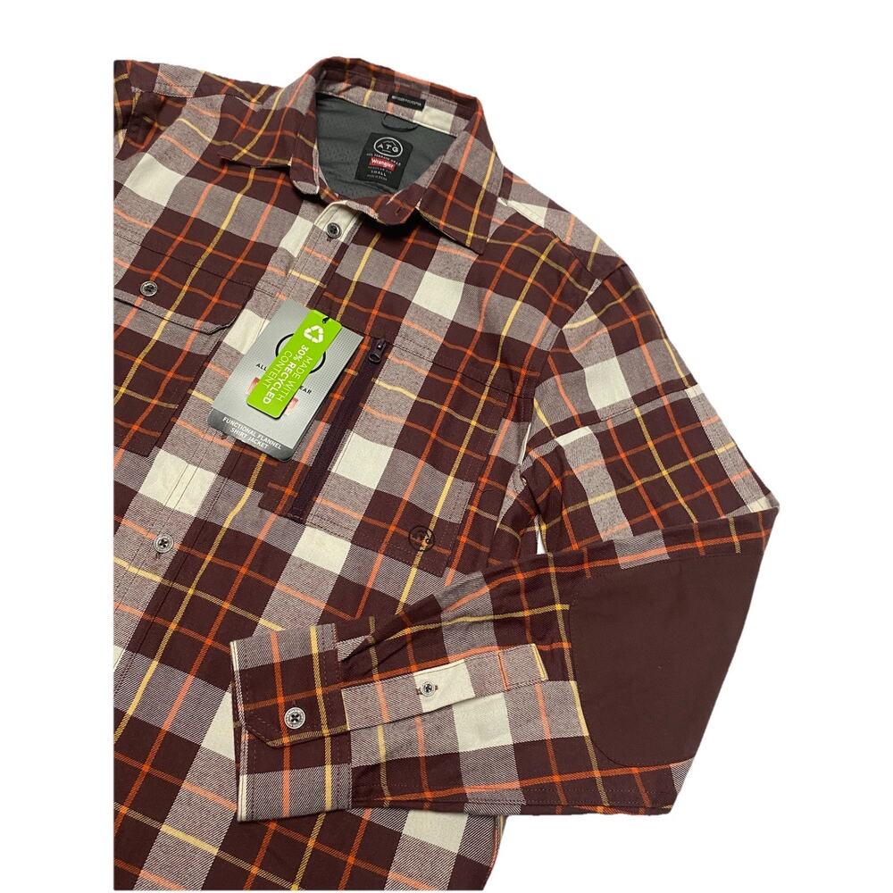 Wrangler Shirt Men Small Brown Plaid ATG Flannel Elbow Patches All Terrain Gear